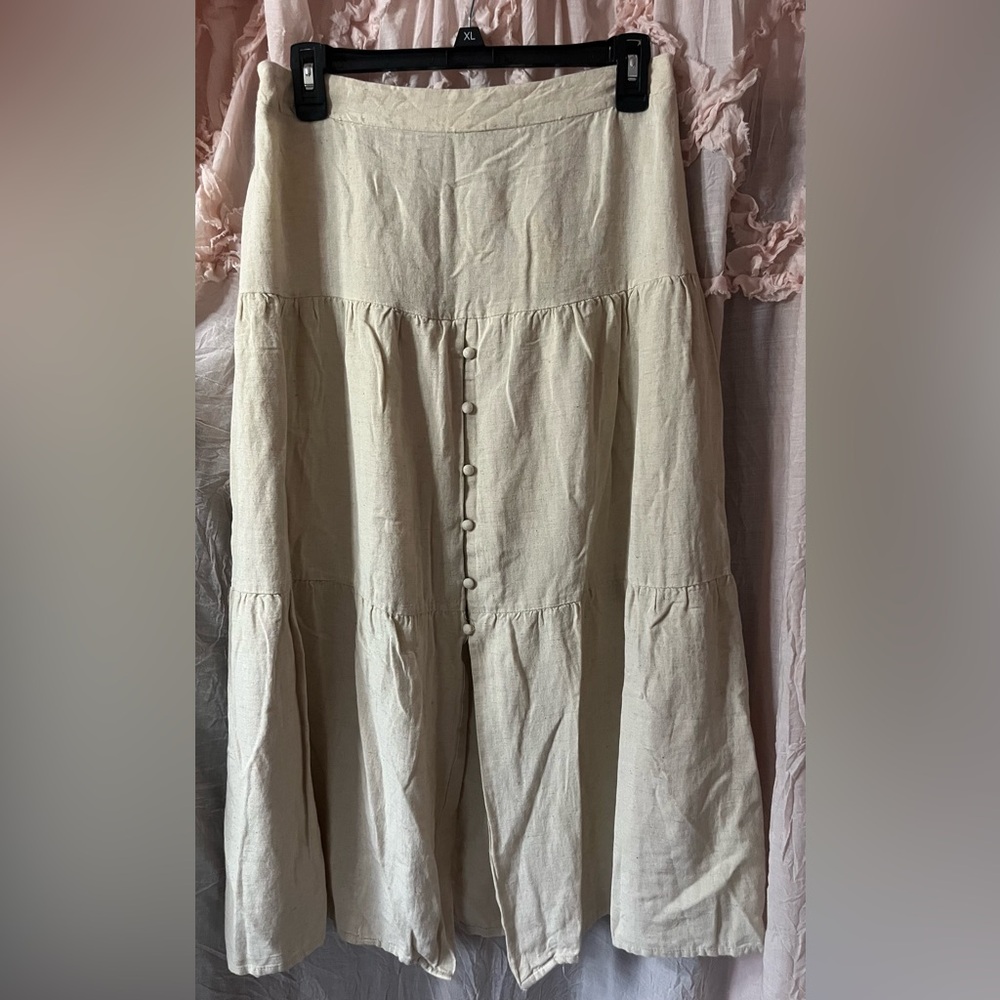 Japna Neutral Tiered Button-Front Midi Skirt - Cream Size Lg
